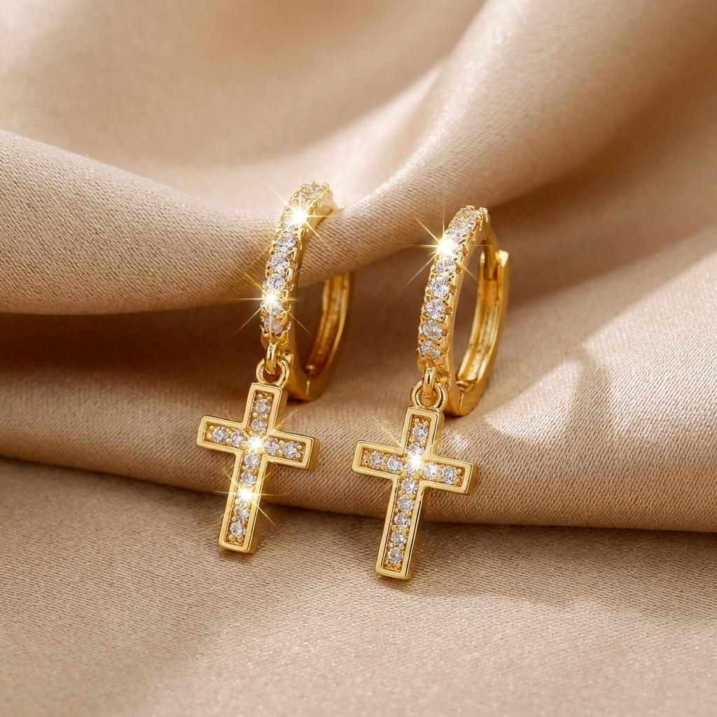 sliver Cubic Zirconia Cross Huggie Hoop Earrings for Women Sparkly Crystal Dangle Drop Earrings Punk Gothic Fashion Jewelry