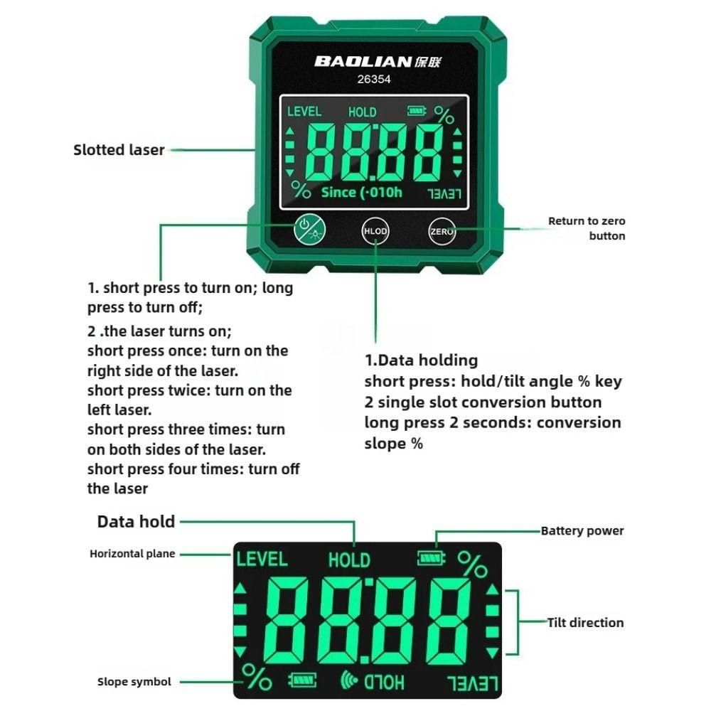 Multifunctional Laser Inclinometer Four Sided Magnetic Rechargeable Digital Inclinometer High Accuracy 360-degree Measurement