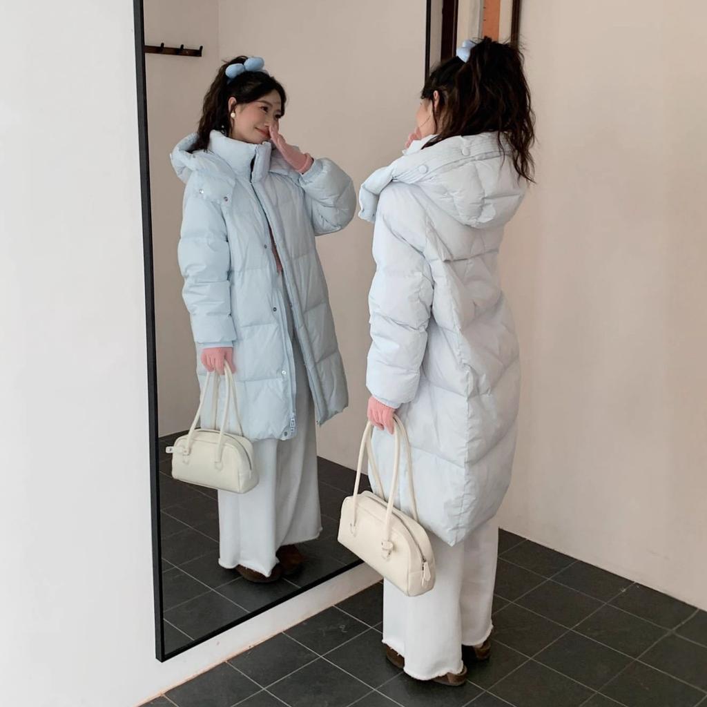Down jacket women's medium and long winter new loose hooded sweet thickened premium hat buckle jacket