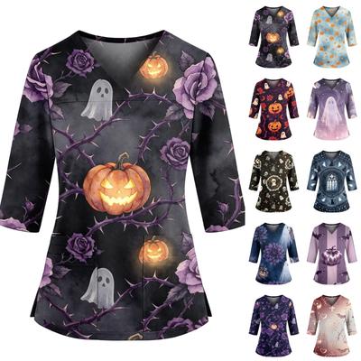 Women's Halloween Print V-Neck Uniform Top with Pockets and Side Slits, Three-Quarter Sleeve Casual Scrub