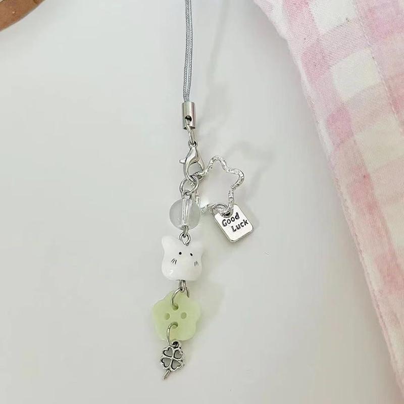Sweet Y2K Cute Strawberry Mobile Phone Lanyard Lovely Rabbit Four Leaf Clover Star Keychain Bag Charms Girls Fresh Cute Pendant