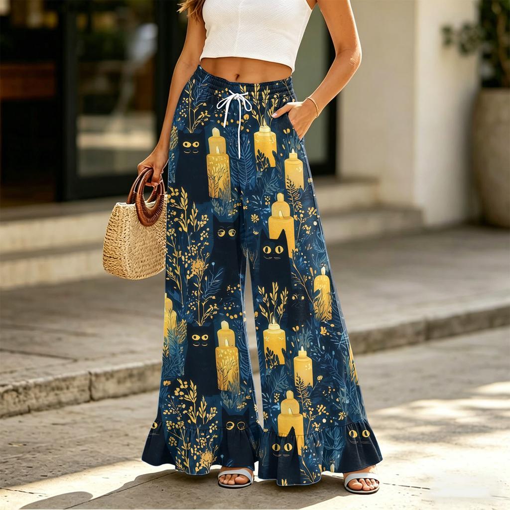 Women's High Waist Drawstring Wide Leg Pants with Pockets Halloween Print Loose Casual Trousers