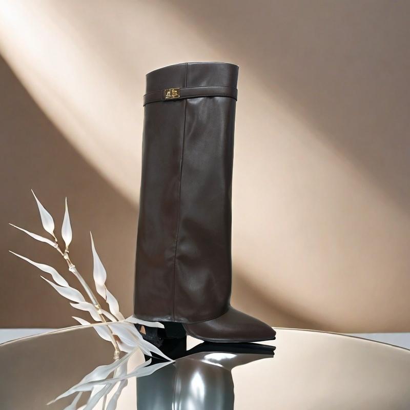 Elegant High Heel Mid-Calf Boots with Metal Buckles for Formal Banquets, Stylish Riding Boots for Women, Chunky Heel Dress Boots
