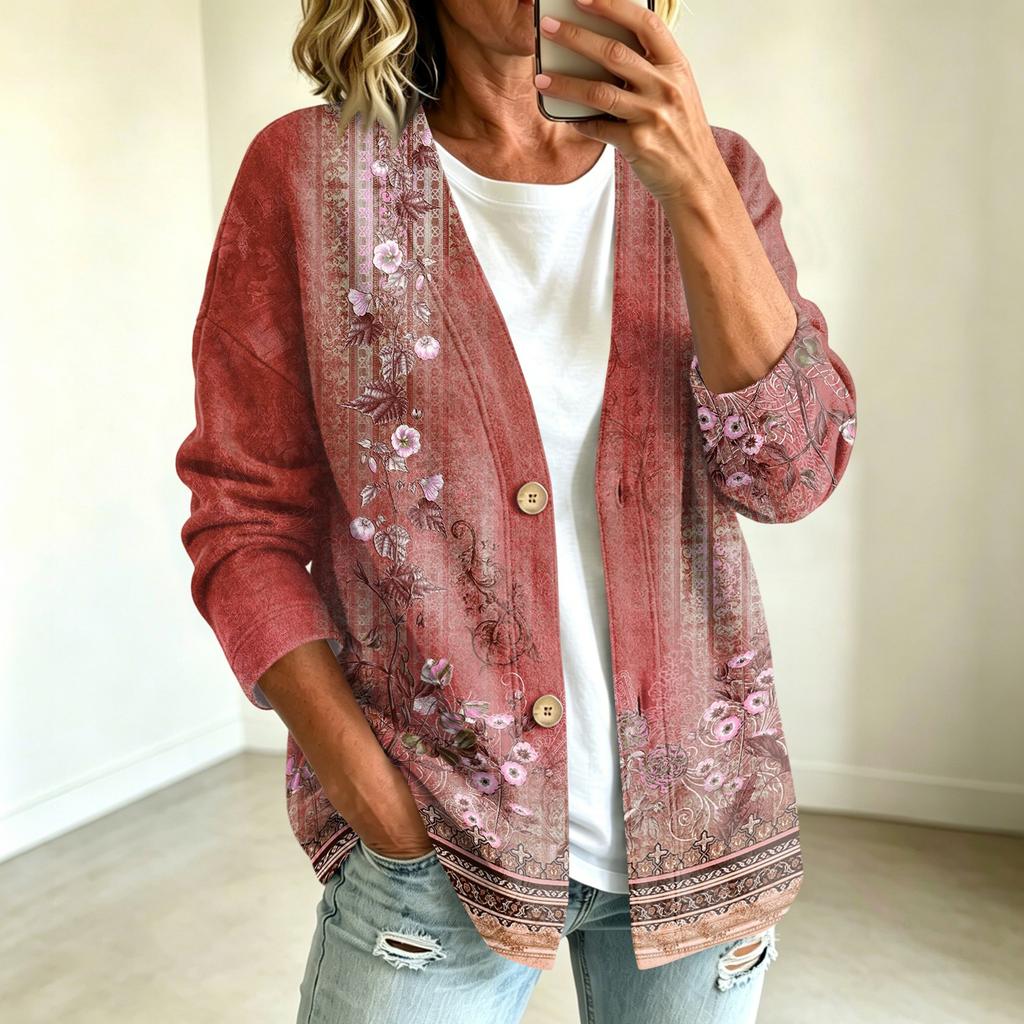 Women's Vintage Floral Print Button Front Jacket for Casual Outdoor Wear