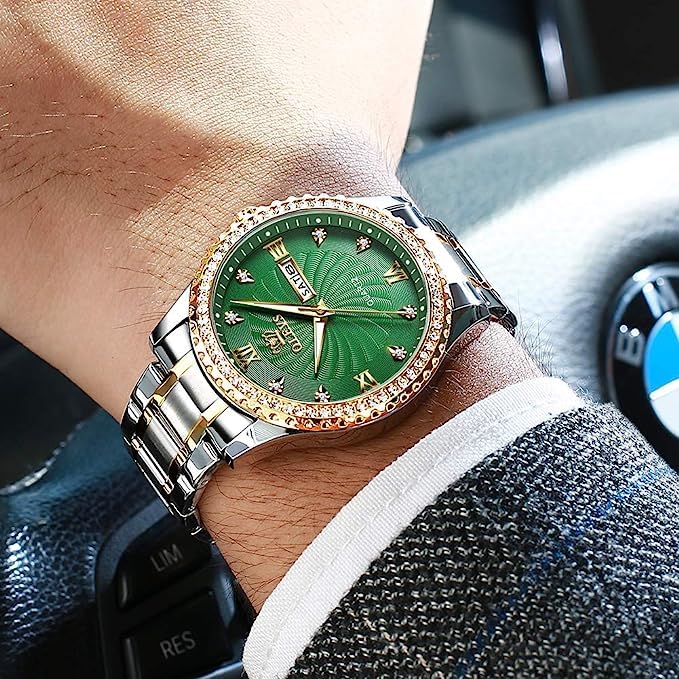 OLEVS Men's Business Watch with Metal and Stainless Steel Band, Analog Display, Stylish Casual Watch (Silver-White with Green Dial)