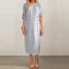 Ladies' Casual And Fashionable Solid Color Round Neck Short Sleeved Button Slit Mid Length Dress