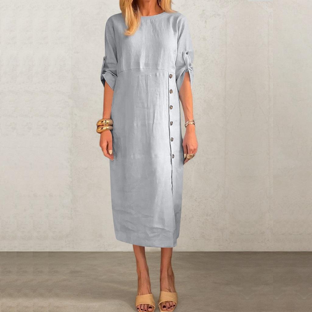 Ladies' Casual And Fashionable Solid Color Round Neck Short Sleeved Button Slit Mid Length Dress