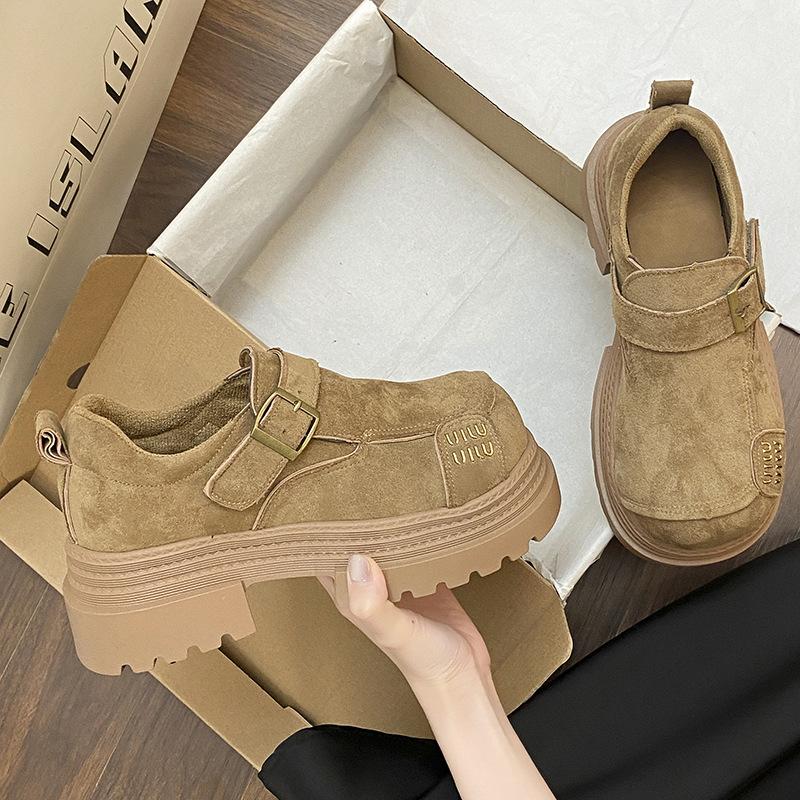 French Letter Design Loafers 2025 Spring New Round Head Thick Sole Belt Buckle Niche High-end Single Shoes