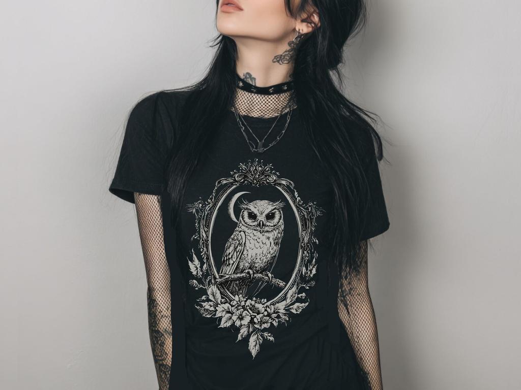 Victorian Owl Gothic Fitted T-Shirt, Witchy Whimsigoth Top, Y2K Goth Graphic Shirt, Forestcore Emo Alt Clothing, Goth Owl Gift For Her