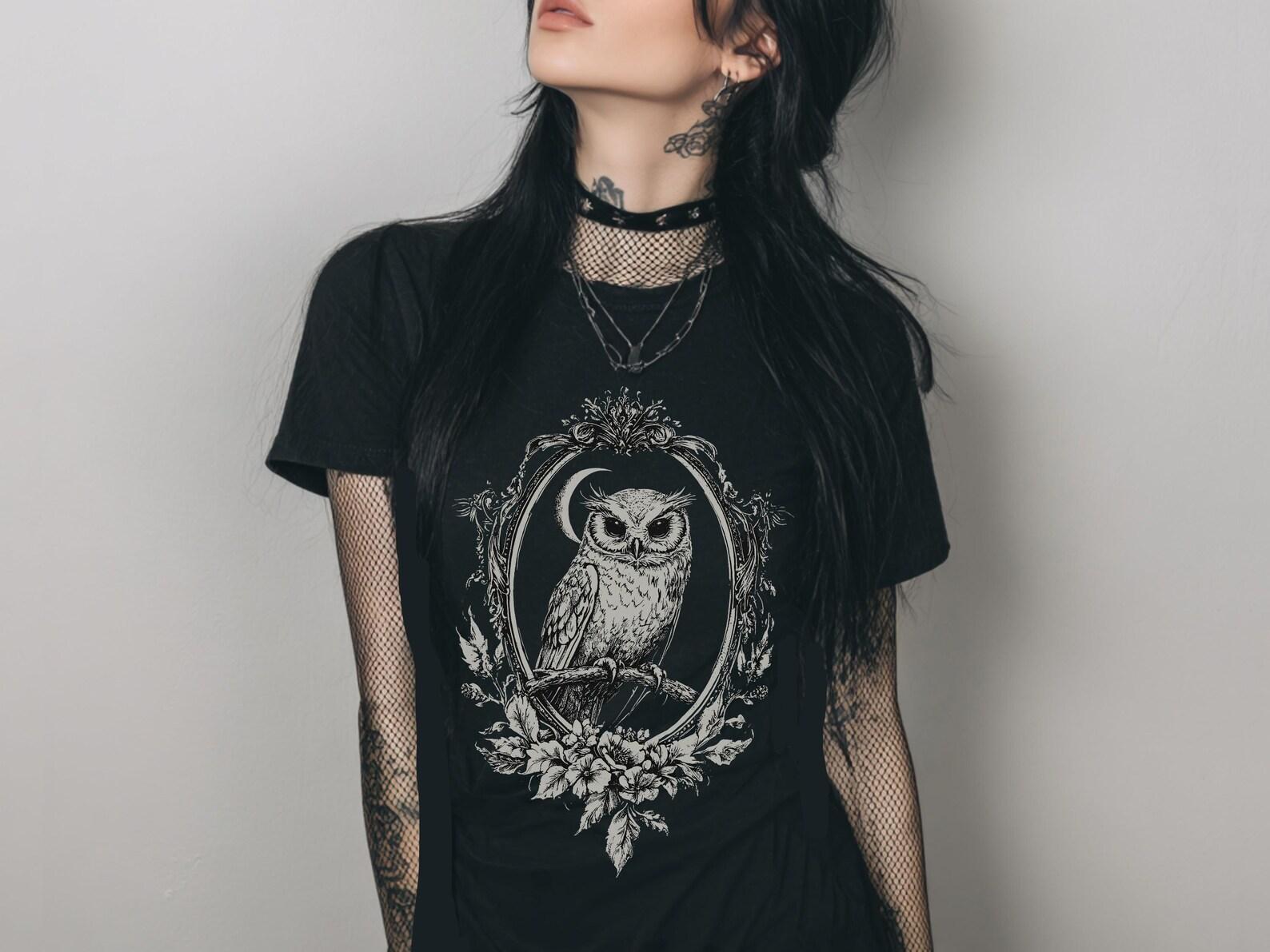 Victorian Owl Gothic Fitted T-Shirt, Witchy Whimsigoth Top, Y2K Goth Graphic Shirt, Forestcore Emo Alt Clothing, Goth Owl Gift For Her S
