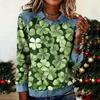 Long Sleeve Denim Patchwork Sweatshirt with Print Crew Neck Casual Pullover Top for Women Fashion Style