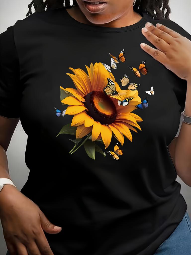 Women Black Sunflower Butterfly Print TShirt Semi Formal Top Vibrant Yellow Sunflower Brown Butterfly Design Aesthetic Clothes