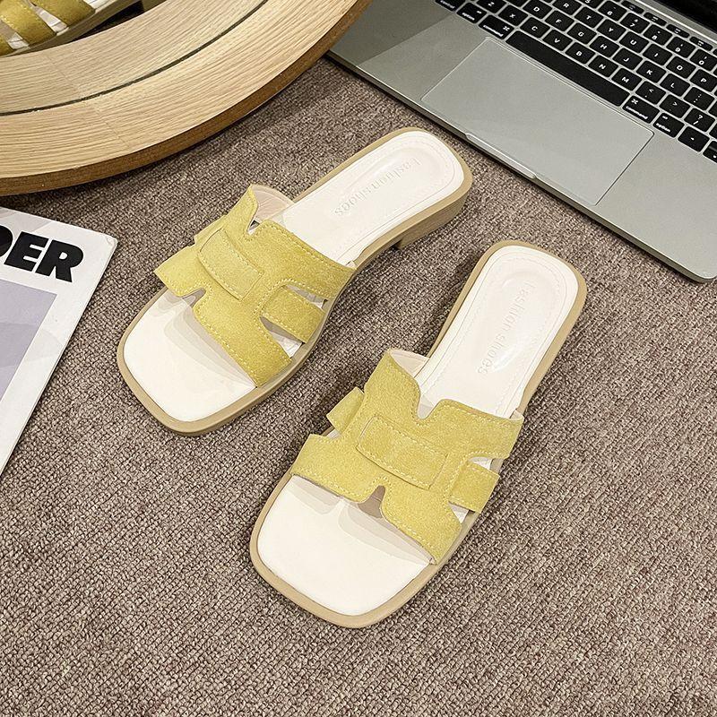 New thick heel casual fashion cool slippers women's shoes 2025 summer new square head low heel one-word versatile slippers women