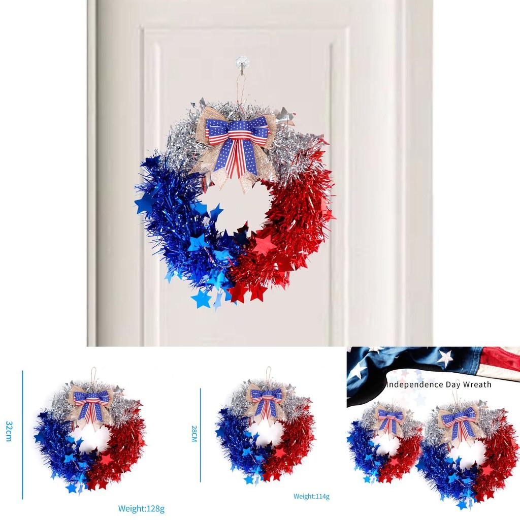 Festlicher Rot-Silber-Blau Unabhängigkeitstag Kranz mit Schleife für Haus und Garten