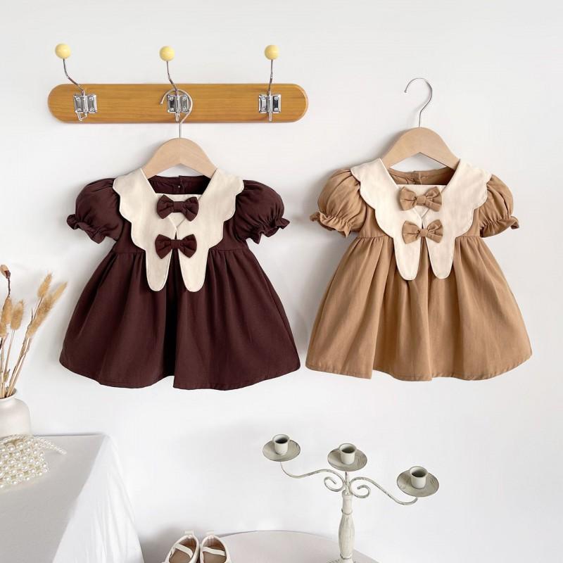Baby Girls Cotton Dress Short Sleeve Solid Color Princess Style Toddler Casual Wear