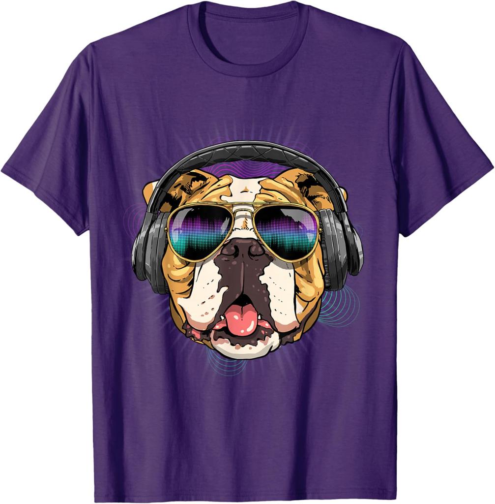 Music Bulldog DJ Headphones Graphic Tee Men Casual Cotton Short Sleeve T-Shirt