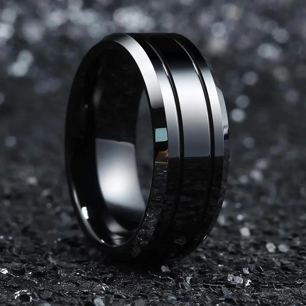 Fashion 8mm Black Stainless Steel Rings For Men Double Groove Beveled Edge Men Engagement Ring Wedding Anniversary Jewelry Gifts