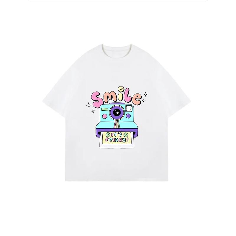Crewneck T Shirt White Smile Camera It S Friday Graphic Print Casual Wear For Women And Girls Summer Outfit Streetwear Fashion Trendy Top