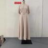 European & American Solid Color Round Neck Short Sleeve Slim Fit Long Dress with Waist Belt