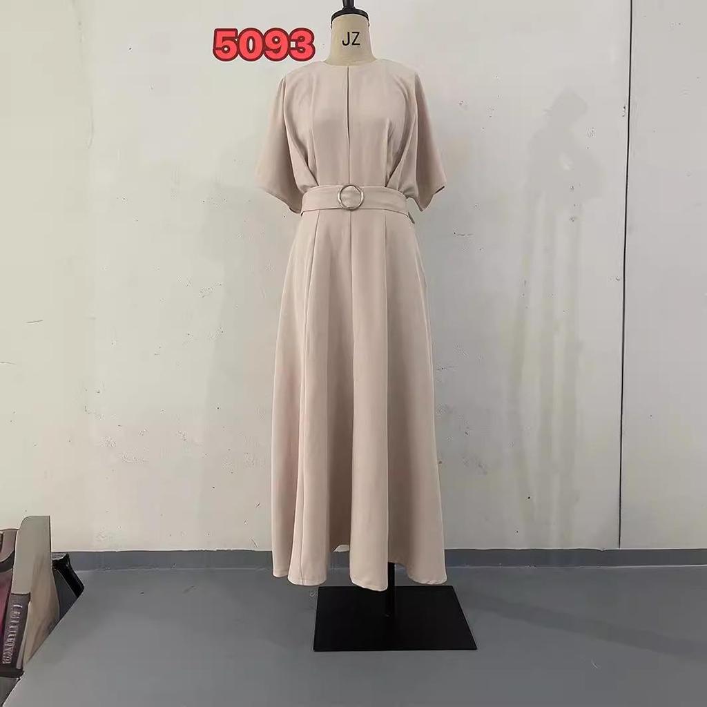 European & American Solid Color Round Neck Short Sleeve Slim Fit Long Dress with Waist Belt
