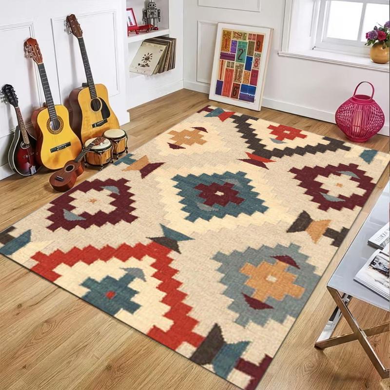 Vintage Geometric Soft Area Rug Washable Non-Slip Indoor Floor Mat for Rustic Boho Living Room Bedroom Cabin Home Decor