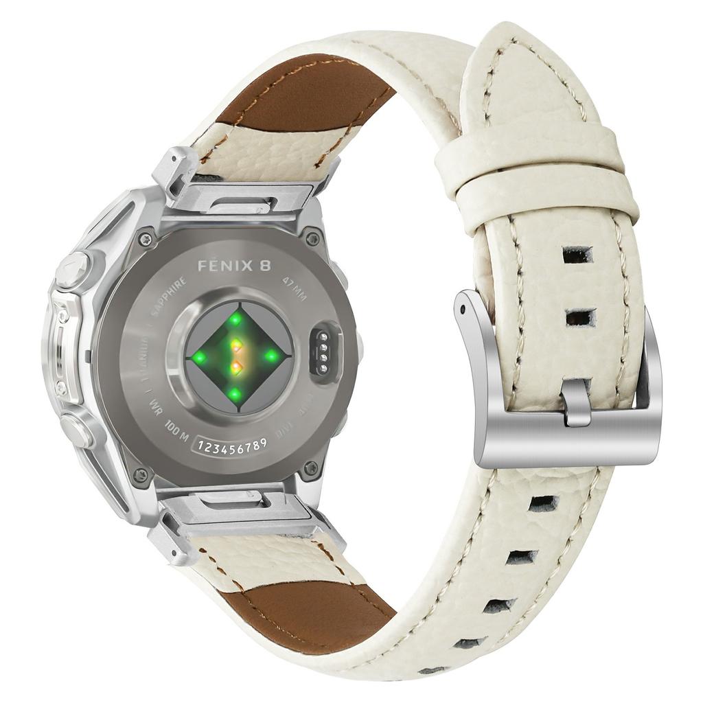 Litchi Texture Genuine Cow Leather Strap for Garmin Fenix 8 47mm/Tactix 8 47mm/quatix 8 47mm Pointed-End Watch Band with Silver Buckle