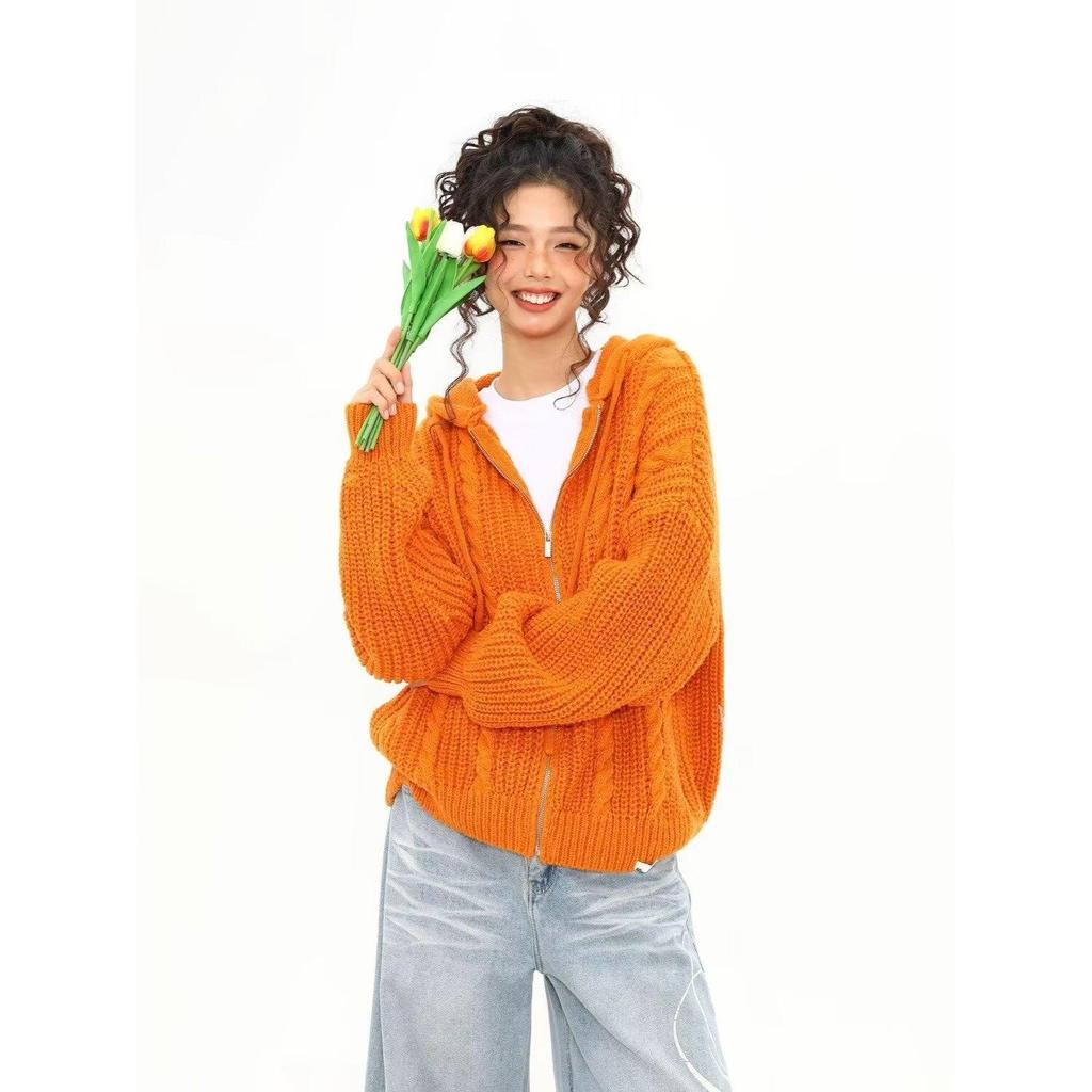 American Casual Cable Knit Hooded Sweater for Women - 2025 Spring/Autumn Trendy Loose Fit Jacket