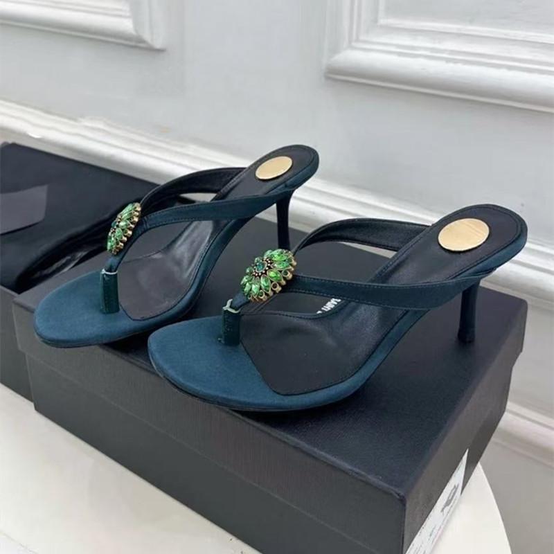 Fashion Luxury Rhinestones Flowers Decor Filp Flops Women Slippers Sandals Summer Sexy Thin High heels Satin Mules Slides Party Shoes