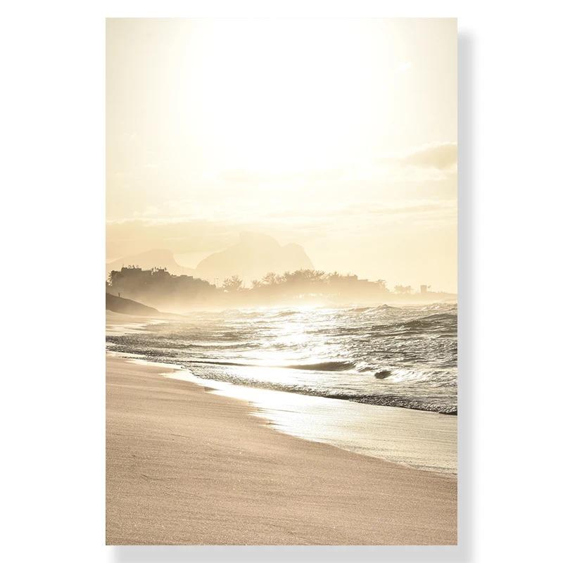 Nordisk moderne kunst Bilde Lerretsmaleri Veggkunst Golden Leaf Beach Scenery Plakat og trykk for hjemmeinnredning Stuedesign