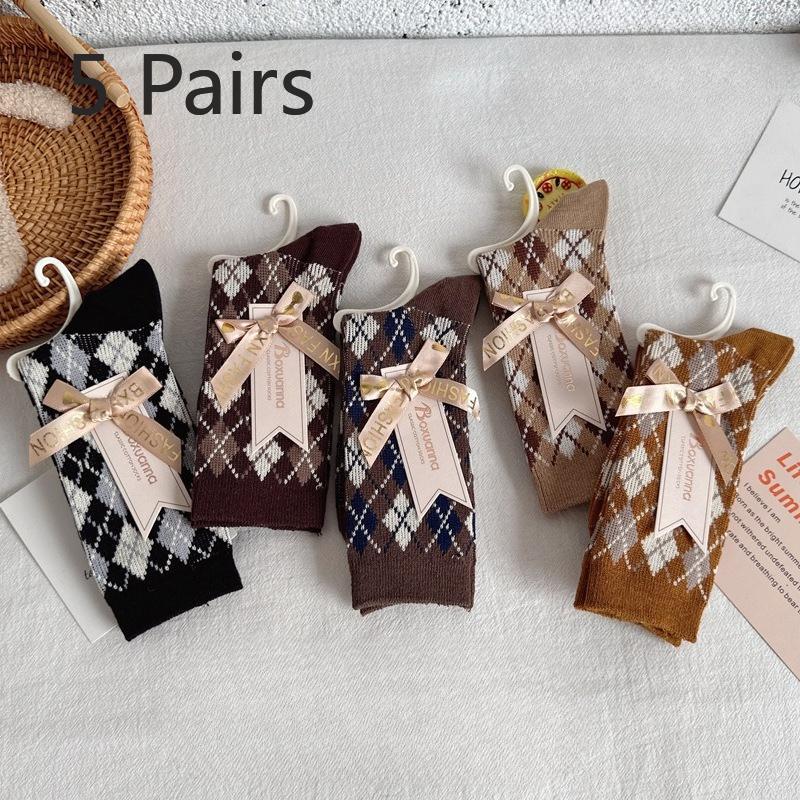 5 Paar Retro-Socken für Damen, Wadenlange Socken für Herbst und Winter, Verdickte und warme rautenförmige gekämmte Baumwoll-Langsocken für Damen