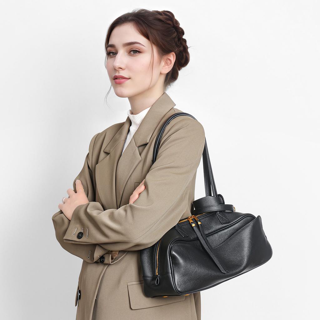 2025 Genuine Coow Leather Suede Bowling Bag Minimalist Luxury Boston Bag Women's Versatile Commuter Top-Handle Shoulder Bag