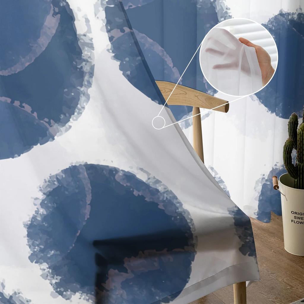 Watercolor Vintage Blue Tulle Curtains for Living Room Bedroom Sheer Curtain for Balcony Hall Fashion Printed Home Drapes