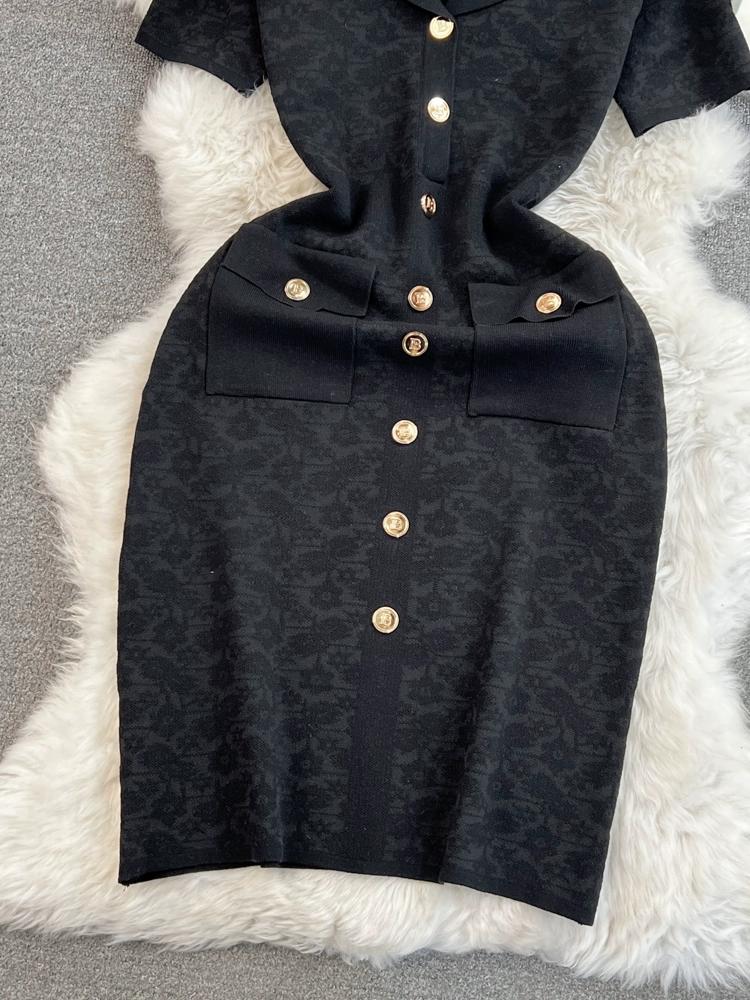 Summer Women Brand Designer Vintage Jacquard Flower Knitted Sweater Sheath Dresses With Pocket