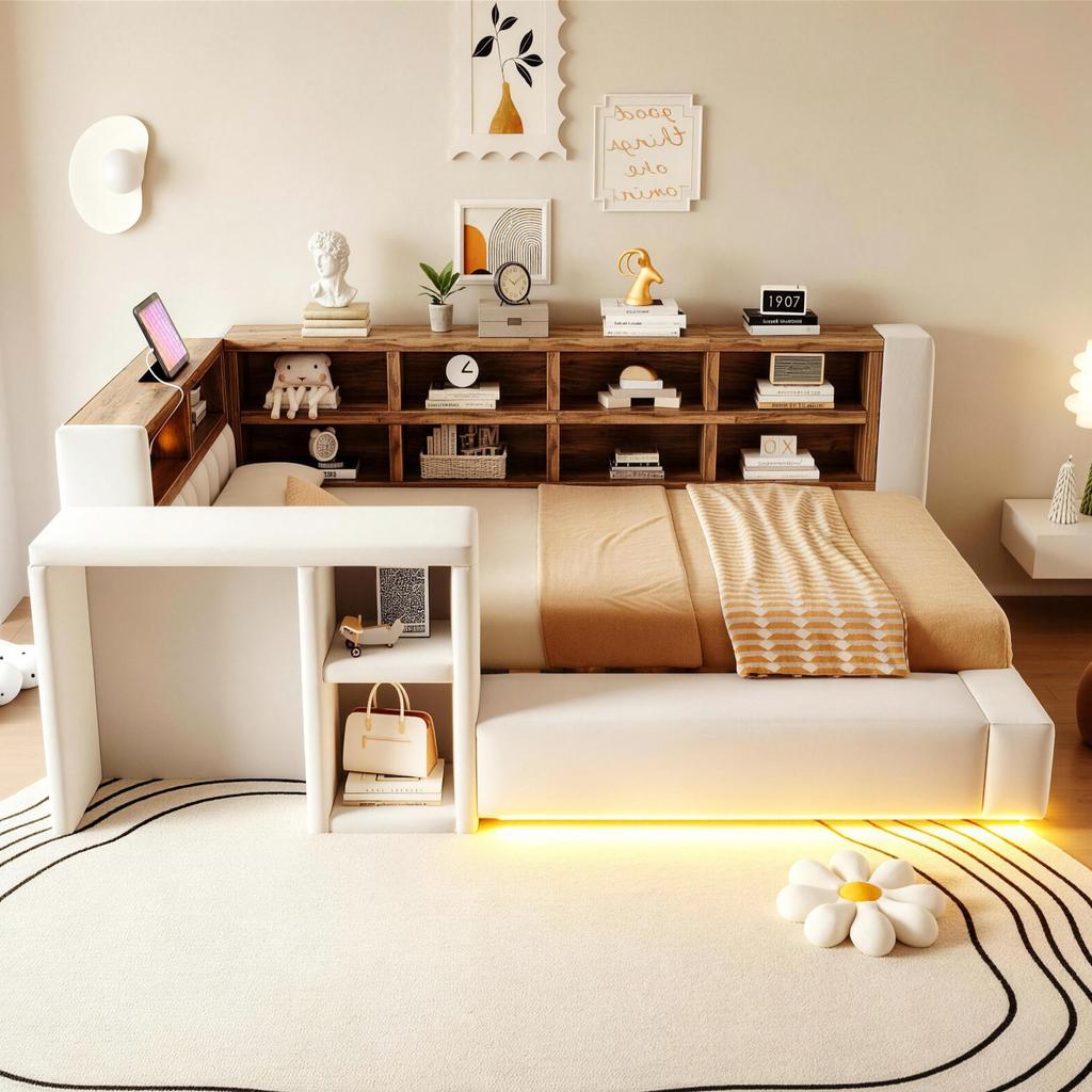 Stoppad säng 90 x 200 cm, Med förvaring på flera nivåer, LED-belysning, Integrerade uttag i sänggaveln, Sidobord, Stoppad ryggstöd, Beige