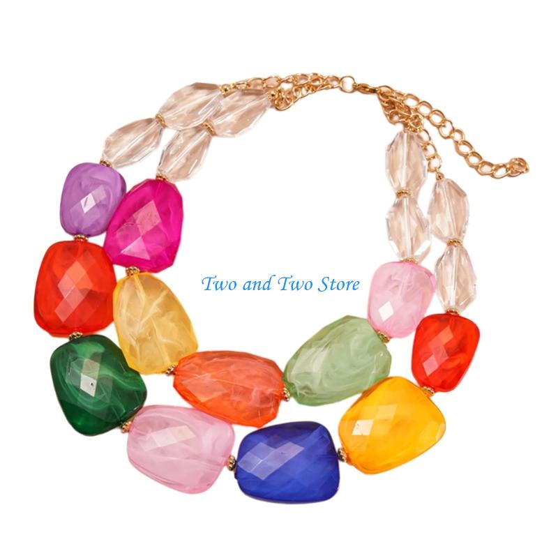 HX6F Textured Acrylic Double Layer Necklace For Women Bohemian Vacation Jewelry Gift