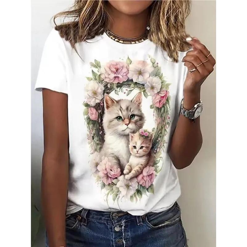 Summer Round Neck 3D Cute Cat Pattern Print Top Fashionable Casual Short Sleeved Women's T-shirts