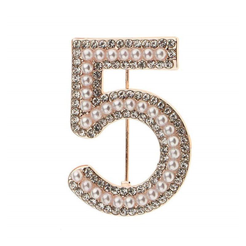 Numeric Lapel Pin Rhinestone Lapel Pin Number 5 Brooch Blossom Corsage Gold Alloy Insignia Digit Five Badge For Elegant Sweater