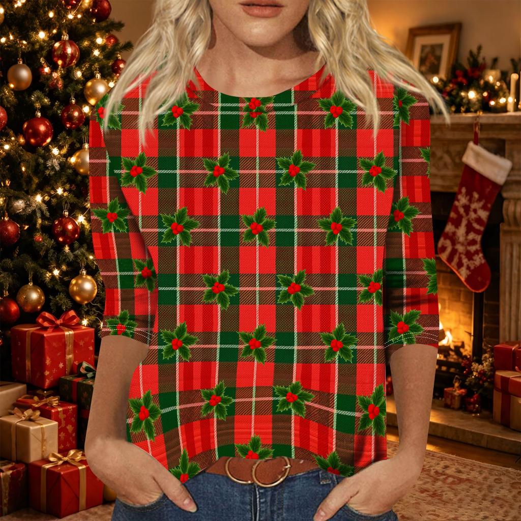 Women's Casual Christmas Print Neck Three-Quarter Sleeve T-Shirt Top