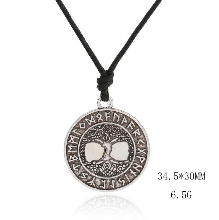 Teamer Wicca Round Necklace Men Norse Viking Runes Tree of Life Seal Pendants Wax Cord Link Chain Men's Necklace Jewelry Gifts