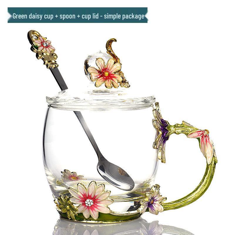 Daisy Enamel Flower Tea Cup - Heat-Resistant Crystal Glass for Home, Office, or Festival Gift
