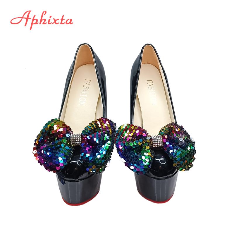 Fashion Aphixta Butterfly-knot Bling Crystals Black Party Disco Dance Pumps Women 5.5cm Platform 16cm Super High Chunky Heels Pumps
