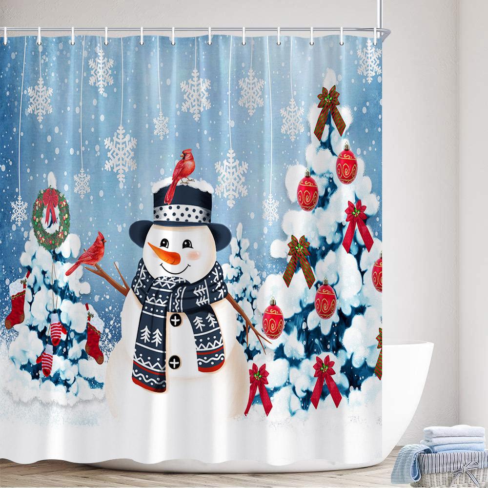 Christmas Shower Curtain Cute Snowman Santa Claus Xmas Tree Dog Winter Truck New Year Home Bathroom Curtains Decor With Hooks