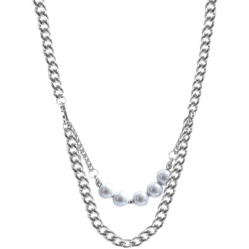 Reflective Pearl Necklace Summer ins Hip Hop Accessories Double Stacked Cuban Chain Sweater Chain Titanium Steel Necklace
