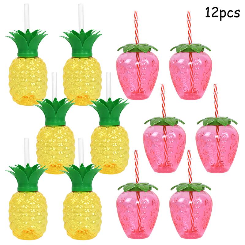 Hawaiian Summer Party Pineapple Strawberry Cup with Straw Tropical Wedding Flamingo Luau Birthday Party Decoration Drinking Cup