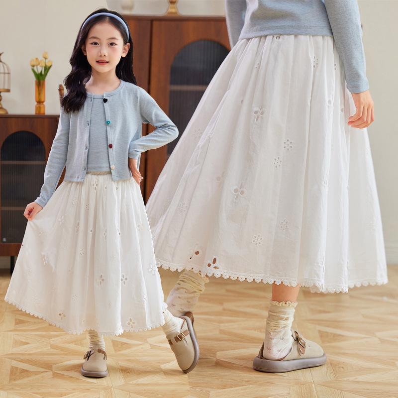 School Teens Girls White Embroidery Skirt Spring/Autumn Lace Flower Hollow-out Skirt Casual Versatile Cotton Skirt for Toddler
