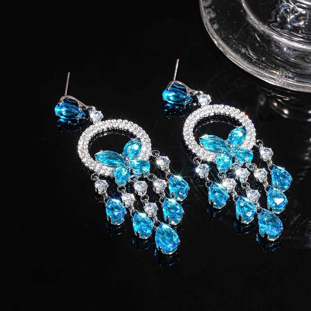 Silver Needle French Court Style Blue Flower Zircon Earrings Light Luxury High-end Stud Earrings Exquisite Niche Earrings