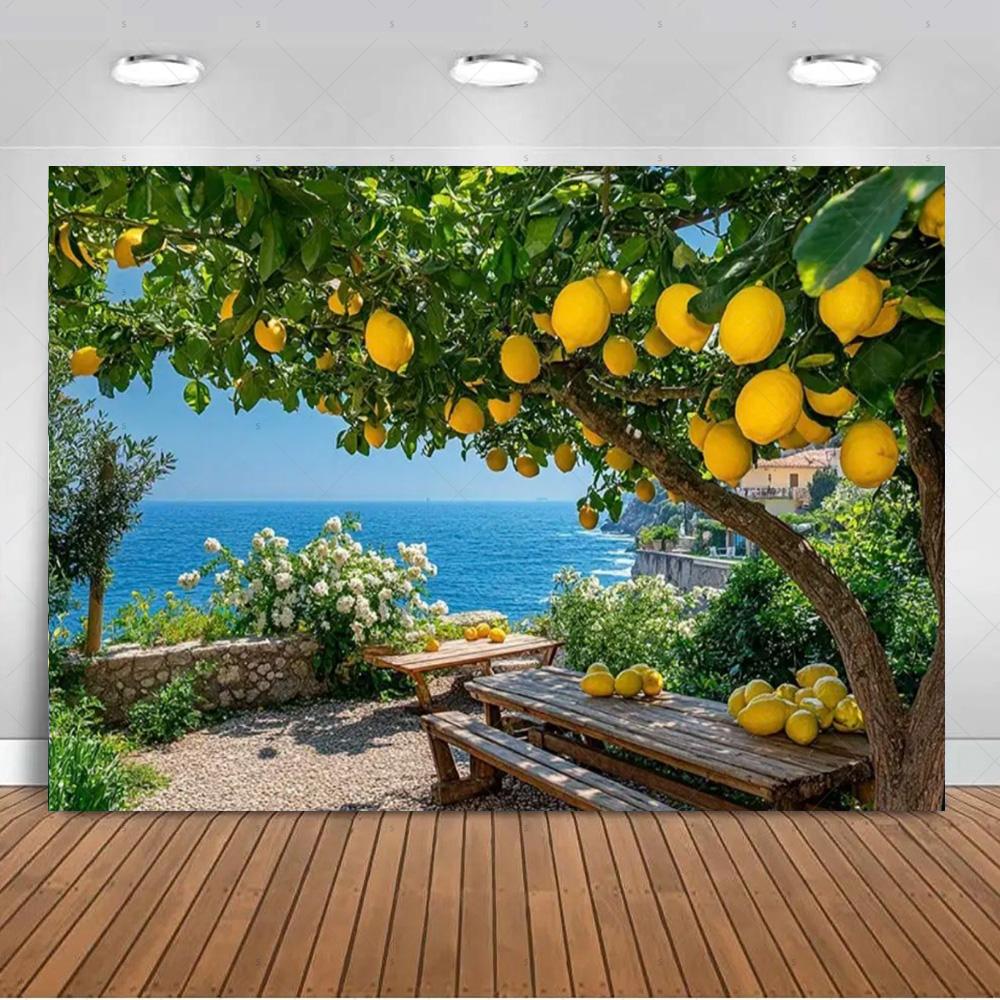 Seaside Town Lemon Tree Background Banner Open Window Landscape Backdrop Supplies Photography Prop Birthday Party Decorations