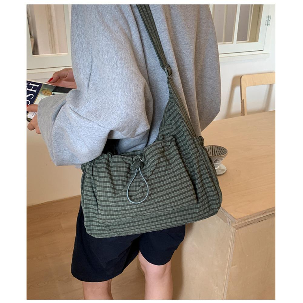 Składana torebka damska z regulowanym paskiem crossbody/na ramię i plisowanym designem z wieloma kieszeniami - Szkolna torba na książki w kratkę i paski