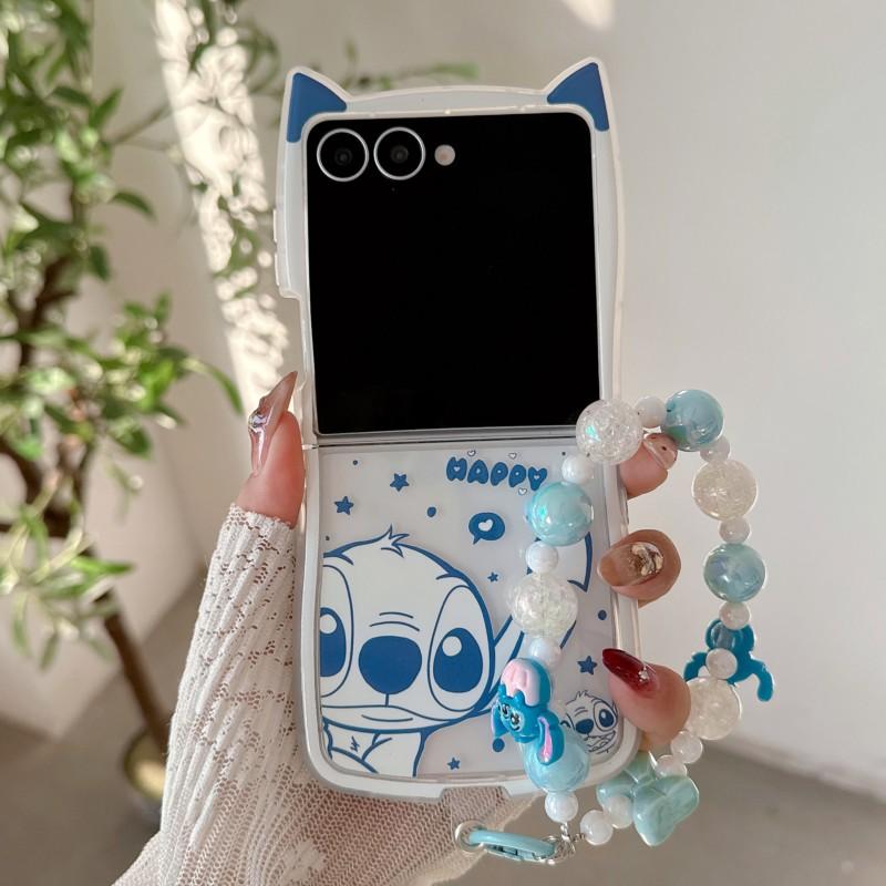 Funda de Teléfono de Dibujos Animados Stitch con Orejas de Gato 3D Kawaii para Samsung Galaxy Z Flip 3 4 5 6 7 7FE Funda Protectora con Cordón de Perlas