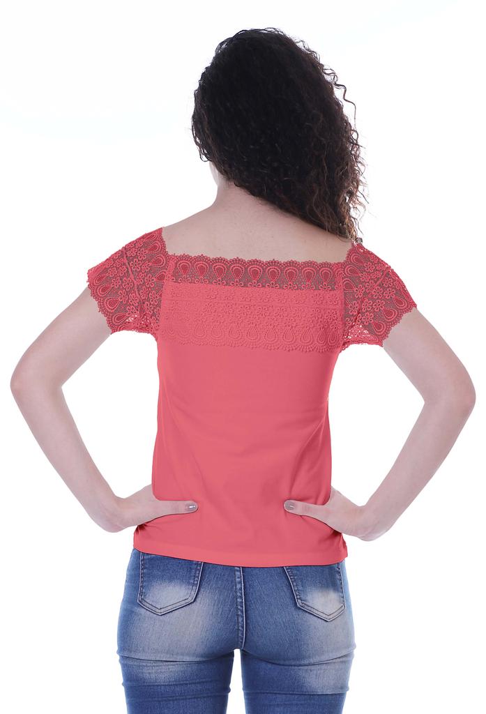 Moomaya Lace Sleeve Tops For Women Plain Boat Neck Tee Shirt